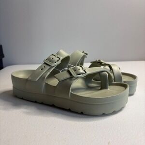 Platform Sandals Women's Olive Green Double Buckle Thong Flat Slides Size 38 EU